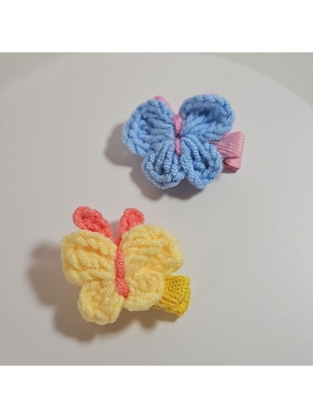 Hand Crafted Hand Knit Crochet Butterfly Hair Clip blue-yellow 1" Alligator clip - Picture 7 of 17